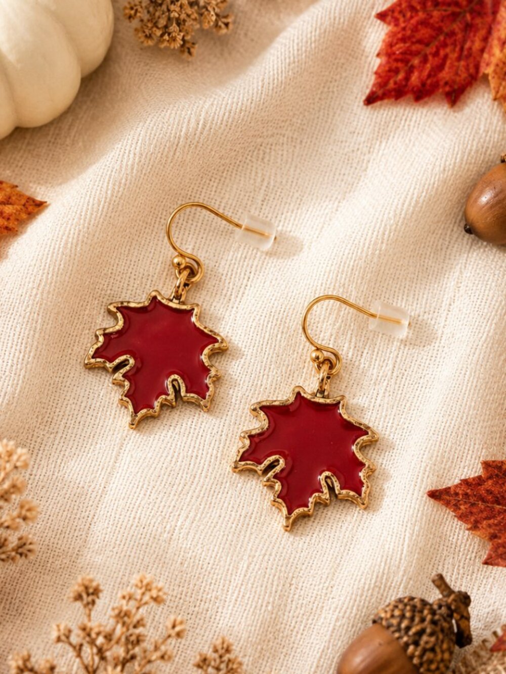 Red Enamel Maple Leaf Dangle Earrings Gold Autumn Thanksgiving Jewelry - Picture 2 of 5